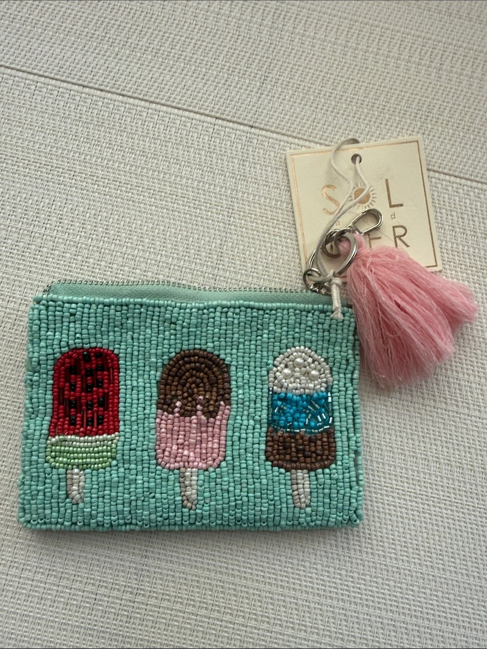 Sol and Mer Mint Beaded Popsicle Coin Purse with Pink Tassel Keyring viral